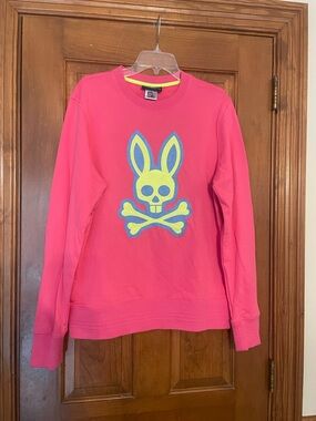 Psycho Bunny Hot Pink Sweatshirt, Neon Yellow & Blue Bunny Skull, Size Medium